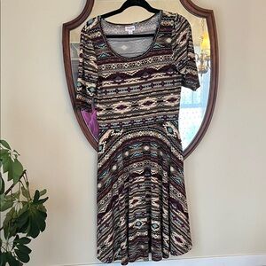 LuLaRoe Aztec Print Fit & Flare Dress in Cream, Brown, Teal, Purple size Large E